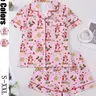 Women's Strawberry Cartoon Print Sleepwear Loungewear Pajama Set, Short Sleeve Button-Up Top & Elastic Shorts, Casual Home Wear for Daily Use #GLOBAL PICKS