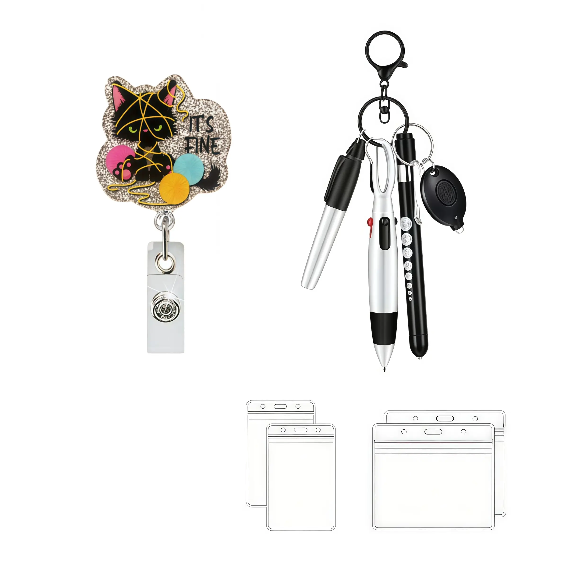 Funny Stress Relief Cat Badge Set, Stretchy Cat Yarn Ball Emblem Kit, Multi-Function Keychain Pen & Card Holder, Office Gift