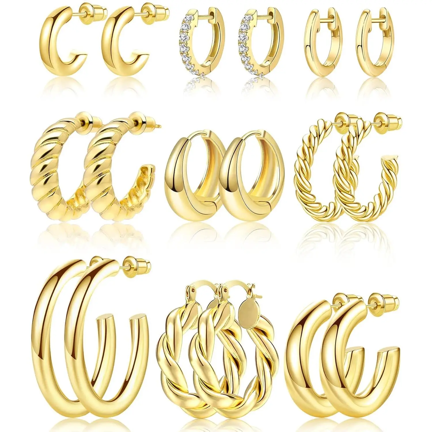 9 Pairs Gold Hoop Earrings Set for Womens Twisted Huggie Hoops Earrings 14K 18K Gold Plated for Girls Valentines Mother's Day Birthday Gifts Lightweight