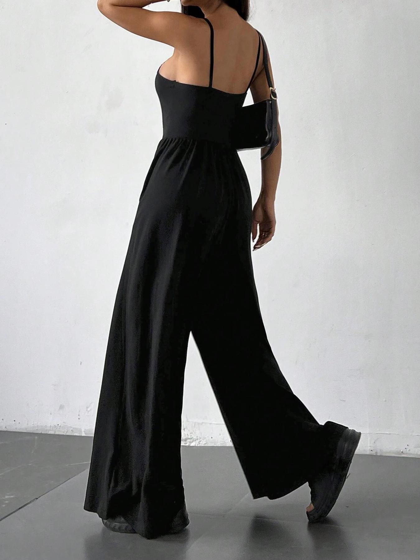 Women's Solid Color Cami Jumpsuit, Casual Comfy Wide Leg Jumpsuit for Summer, Women's Jumpsuit for Daily Wear
