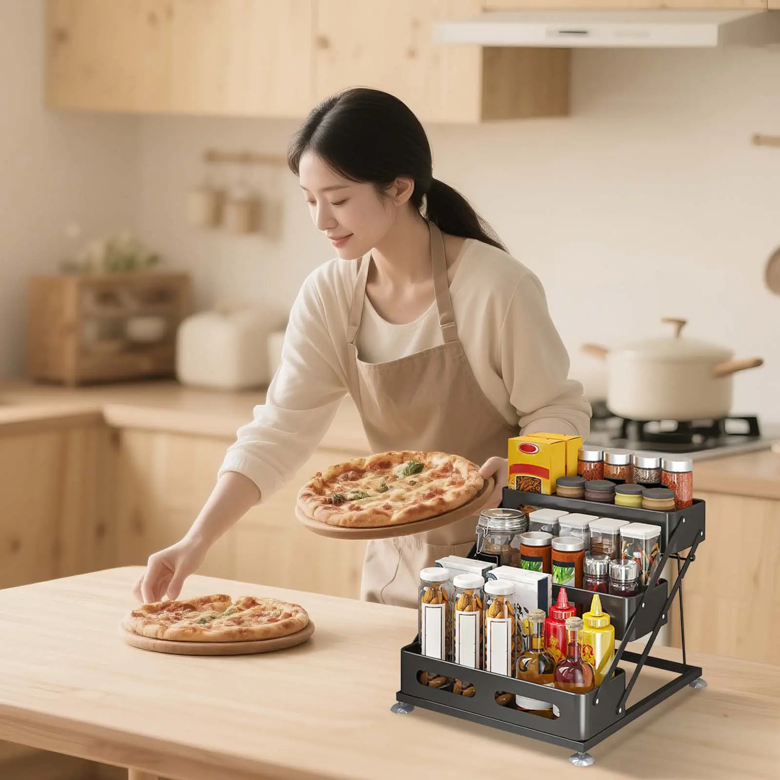 Garvee 3-Tier Adjustable Height Carbon Steel Spice Rack Organizer - Expandable Stackable Standing Shelf - Non-Slip Suction Cups, Space-Saving for Kitchen Cabinet, Pantry, Countertop - For Spice Jars and Bottles
