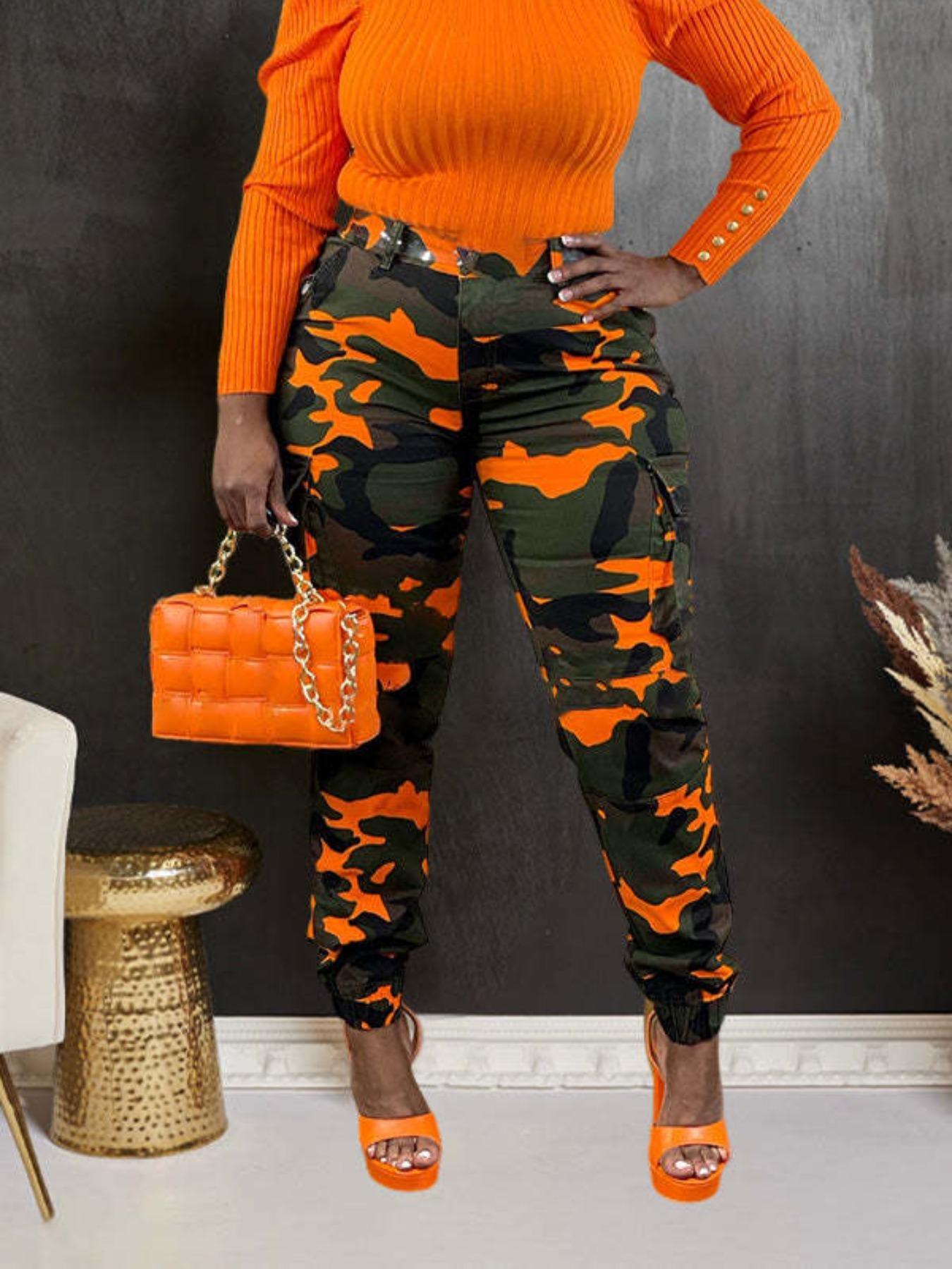 Women's Camo Print Camouflage Button Fly Cargo Pants, Casual Pocket Design Trousers for Daily Wear, Ladies Bottoms for Fall & Winter, Womenswear, Casual Fashion Trousers, Casual Comfy Stretch, Casual Chic Trousers
