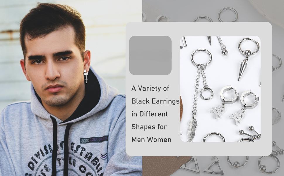 Jstyle 21 Pcs Earrings for Men Stainless Steel Black Long Chain Dangle Hoop Earrings for Men Women Jewelry Piercing Men Earrings Set