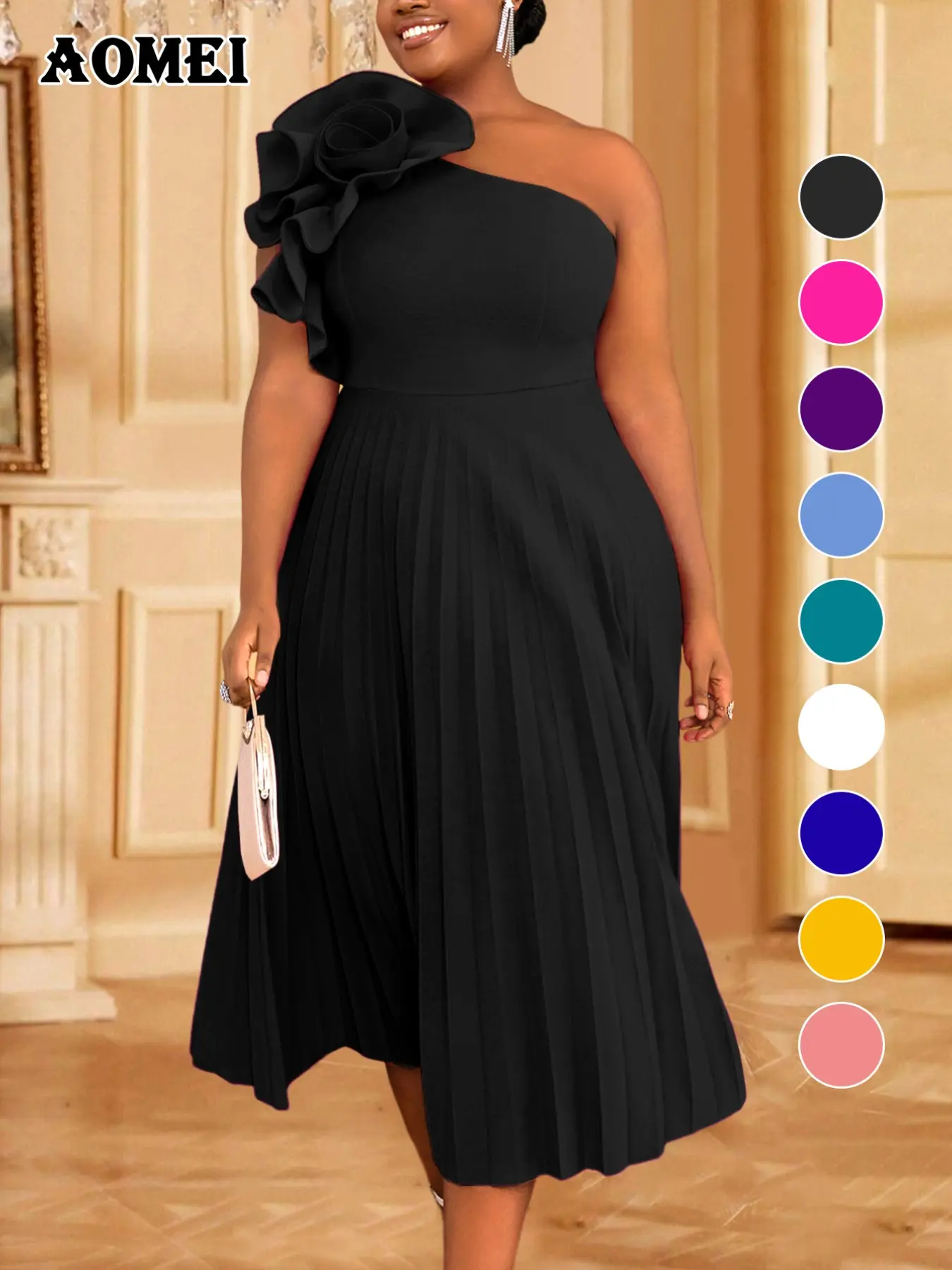 AOMEI Plus Size Fashion 3D Flower Midi Dress, One Shoulder Asymmetric Neck Sleeveless Pleated Skirt, Casual Fitted A-Type Dress