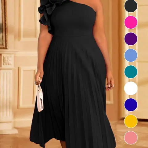 AOMEI Plus Size Fashion 3D Flower Midi Dress, One Shoulder Asymmetric Neck Sleeveless Pleated Skirt, Casual Fitted A-Type Dress, Asymmetrical Pleated Dress