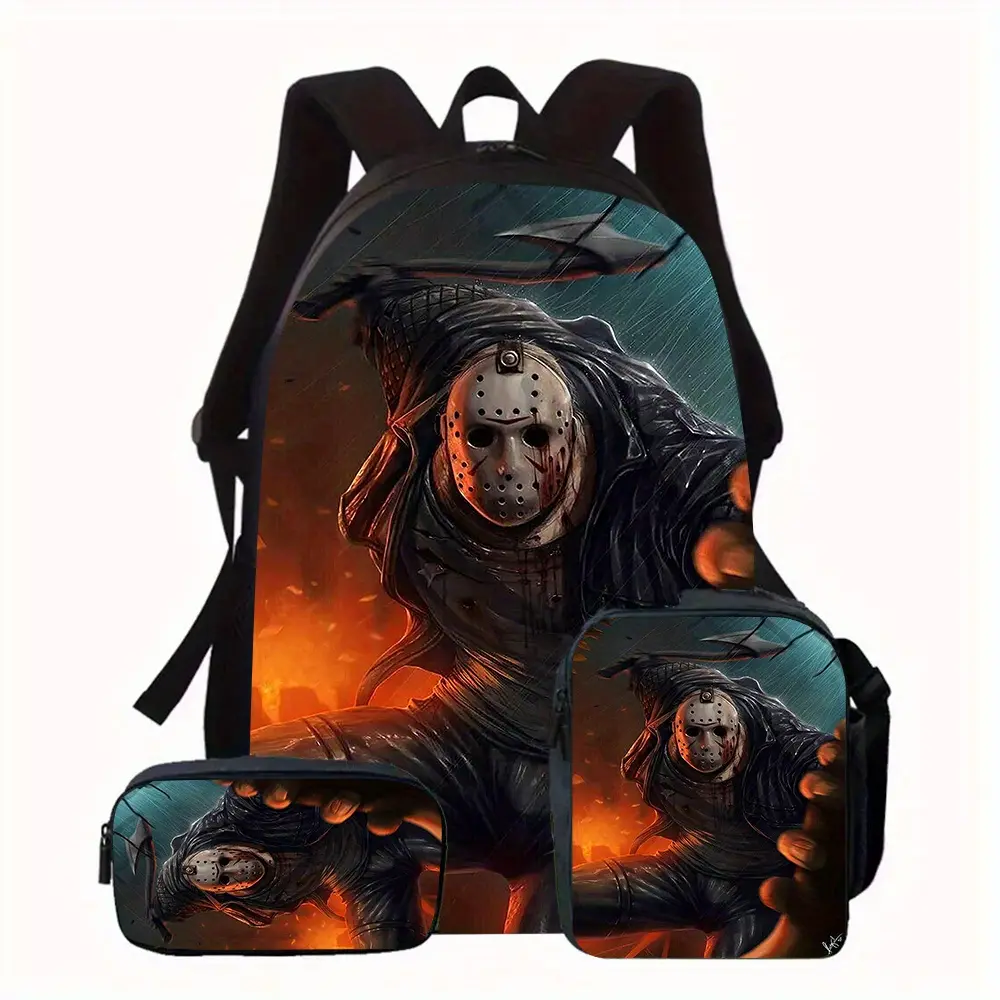 Horror Movies 3 Unisex Backpack - Jason Voorhees Design, Includes School Bag, Pencil Case & Lunch Box, Large Capacity Laptop Bag with Cool Handle Print, Perfect for Daily Commuting, Great Gift for Family & Friend