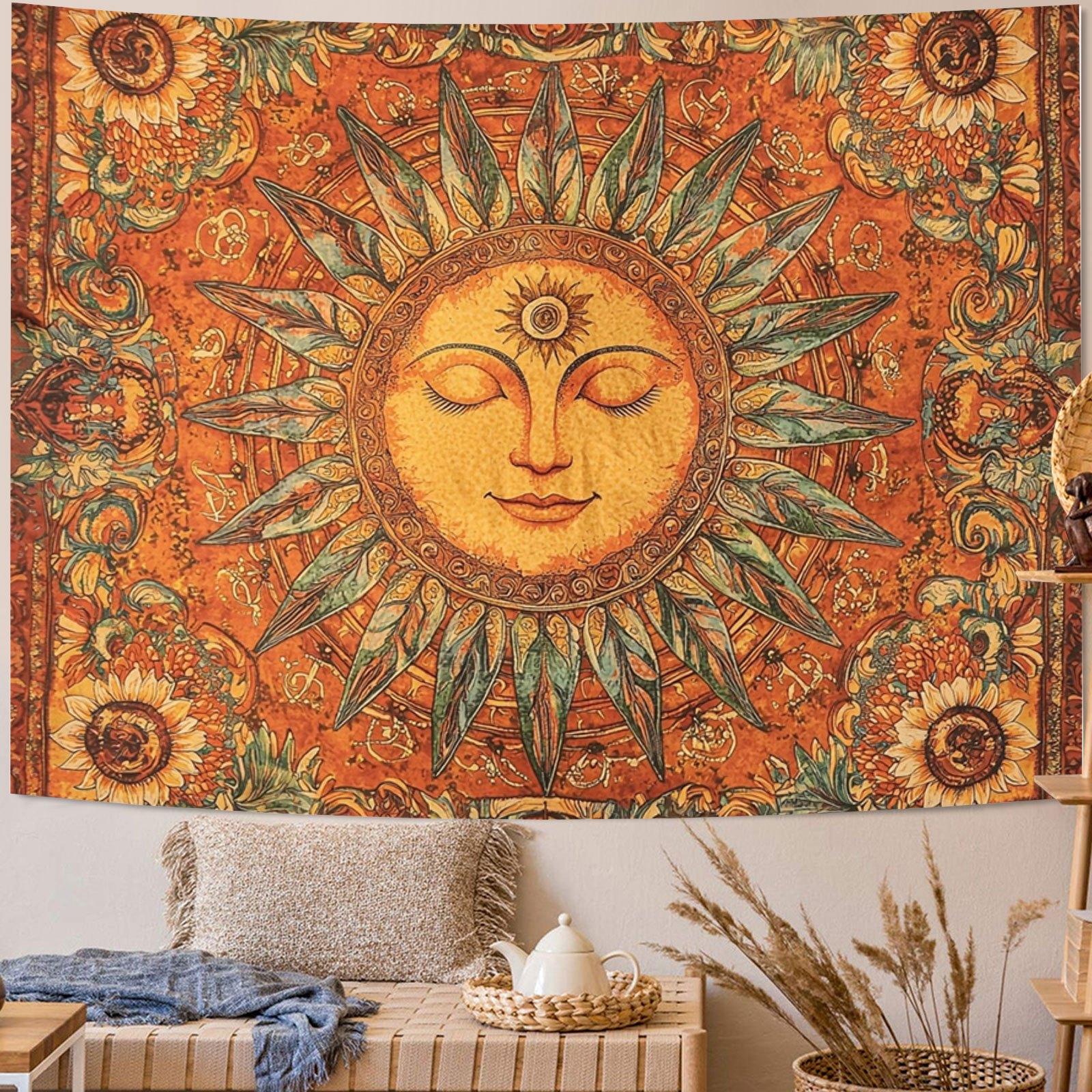 Vintage Bohemian Sun and Moon Tapestry |   Closed-Eye Smiling Sun Wall Hanging, Aesthetic Boho Decor for Living Room Bedroom Dorm, Multi-Functional Indoor Outdoor Art