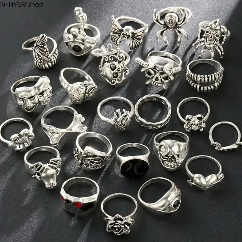 Men’s 24-Pack Gothic Witchcraft Statement Rings, Silver-Tone Adjustable Alloy Steel Alternative Punk Hip-Hop Costume Jewelry, Trendy Artistic Stackable Rings For Daily Casual Outfits And Themed Party Styling