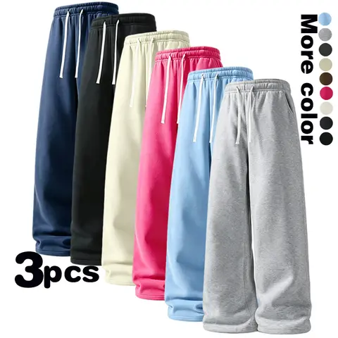 New American style, unisex, 100% polyesterLoose Baggy Wide‑Leg Sweatpants, Elastic Drawstring Waist, Side Pockets, Casual Streetwear, Multi‑Color Options