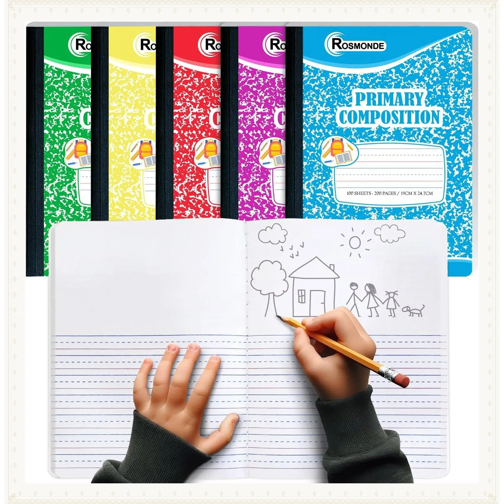 5 Pack Primary Composition Notebook, Draw and Write Journal, K-2 | Primary Ruled Composition Notebooks, 200 Pages / 100 Sheets, 9-3/4 x 7-1/2, K-2 Drawing Story Journal Writing NotebookGift