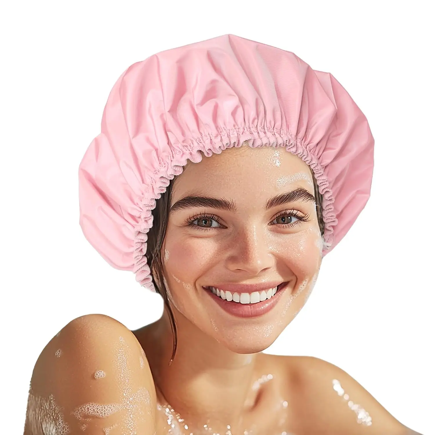 Shower Cap for Women, Double Layer  Bath Cap,  Hair Protector, Large  Shower Bonnet Washable Elastic Band Bath Hair Hat for Long Hair, Braids, -