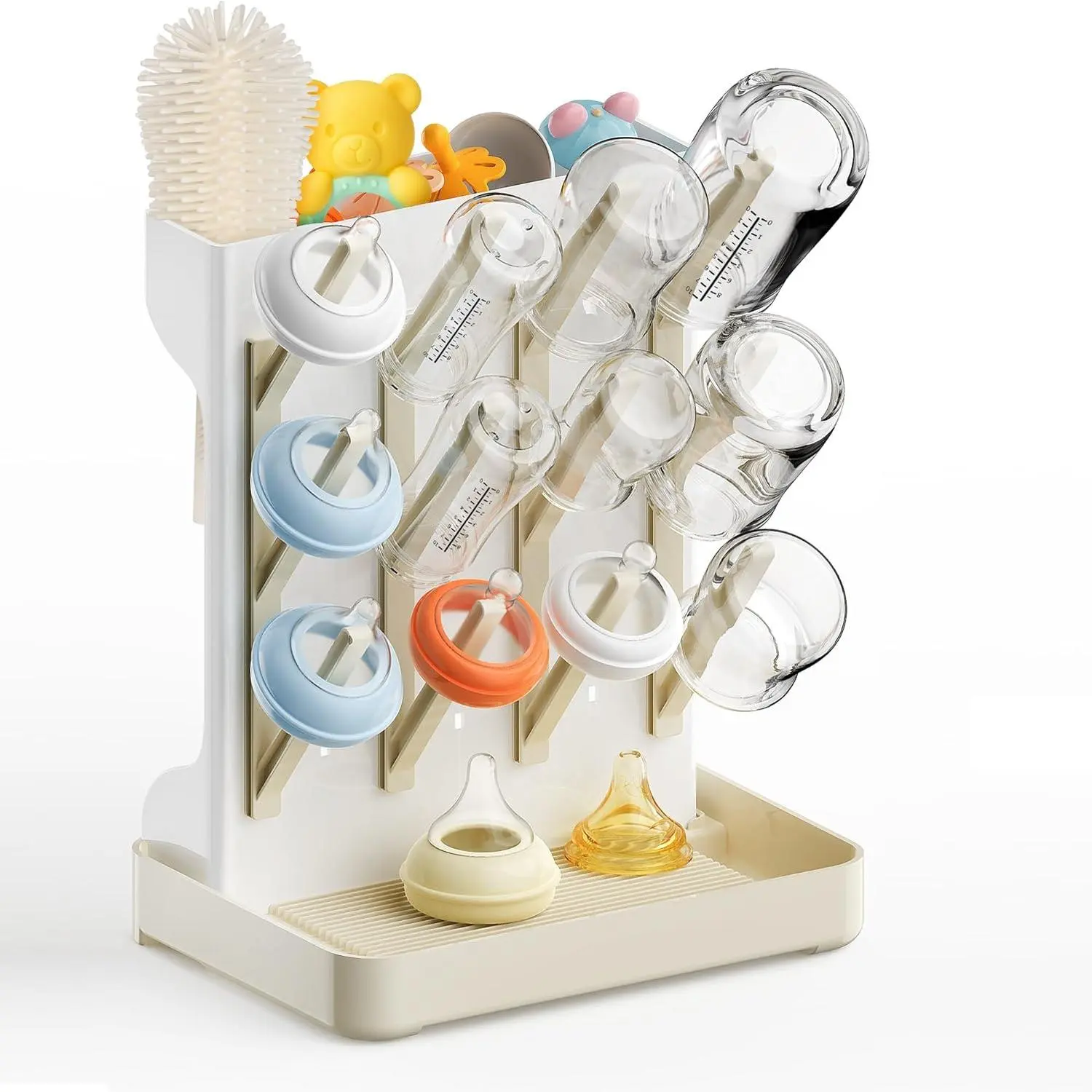 Vertical Baby Bottle Drying Rack Organizer, BPA-Free Safe Materials Space-Saving Countertop Storage Stand for Baby Bottles, Pacifiers - Warm Beige