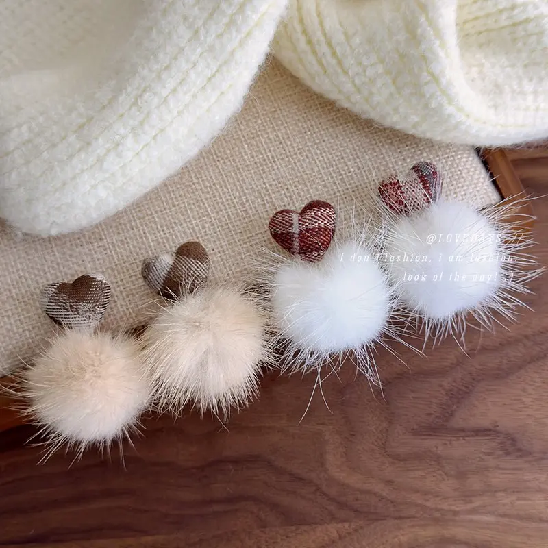 Women's Winter Plaid Heart Shaped Earrings, Soft Fur Pom-Pom Ball, Hypoallergenic, Lightweight, Cozy Look Costume Jewelry