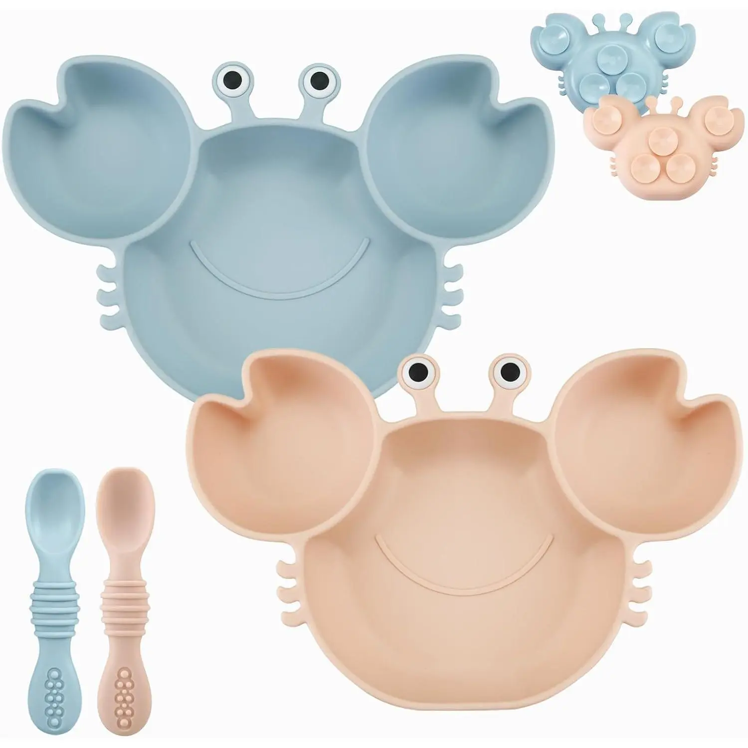 Baby Silicone Suction Plates Set - 2 Pack Crab Shape (Blue&Pink) Silicone Plate, Divided Toddler Size Unbreakable Weaning Dinnerware with 2 Pack Spoons, Self-Feeding Toddler Utensils, New Model Led Feature, Unisex Baby