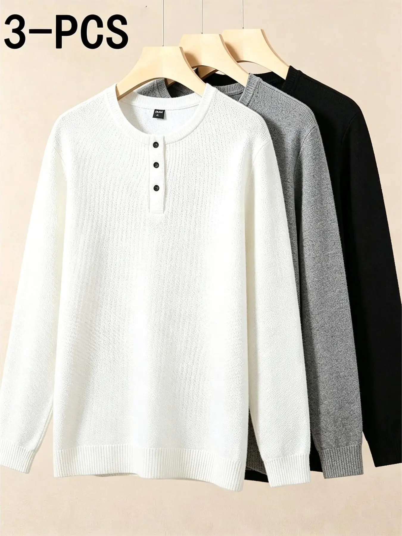 3-Pack Set Men's Henley Knit Shirts, Solid Long Sleeve, Button Neck, Pullover, Soft Knitted Fabric, Casual Daily Comfort Wear, Knitwear, Tops