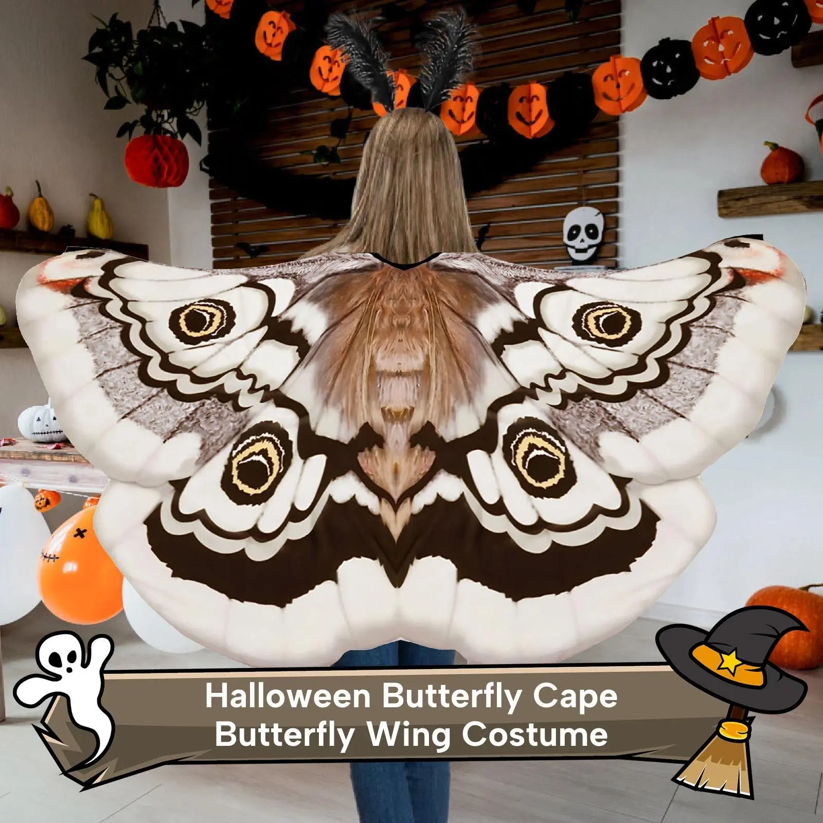 Halloween Butterfly Cape Comfortable Lightweight with Headpiece for Festival Themed Party Stage Performance Birthday Fancy Dress