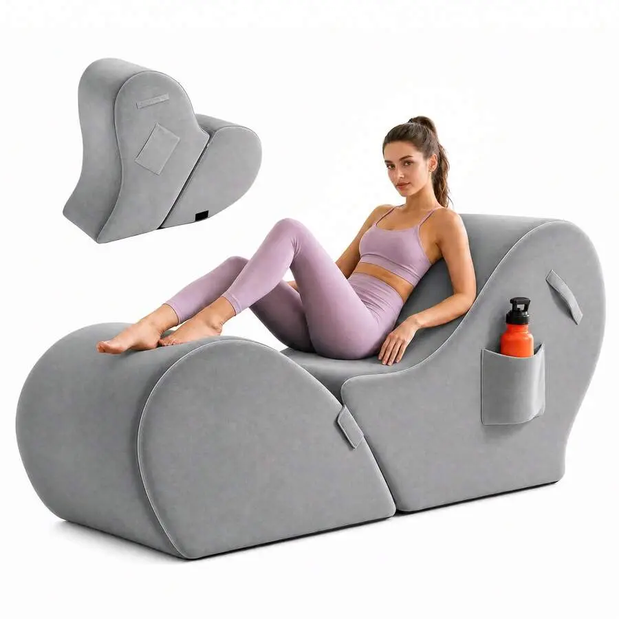 Convertible Heart-Shaped Yoga Chaise Lounge Chair, Foldable Yoga Couch Foam Lounge With Lumbar Pillow, Side Pocket, Carry Handles & Dust Cover, Density Foam Floor Sofa Meditation Chair Stretching, Reading, Relaxing & Napping