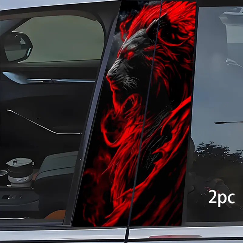2D Flat, 2D Flat Surface, 2pcs Set of 2D Flat Pattern Stickers, Red Flame Lion Car Sticker, Premium Car Center Pillar Sticker, Bumper Sticker, Wear-resistant Material, Waterproof and Scratch-proof, Suitable for Car B-pillars, Metal, Plastic