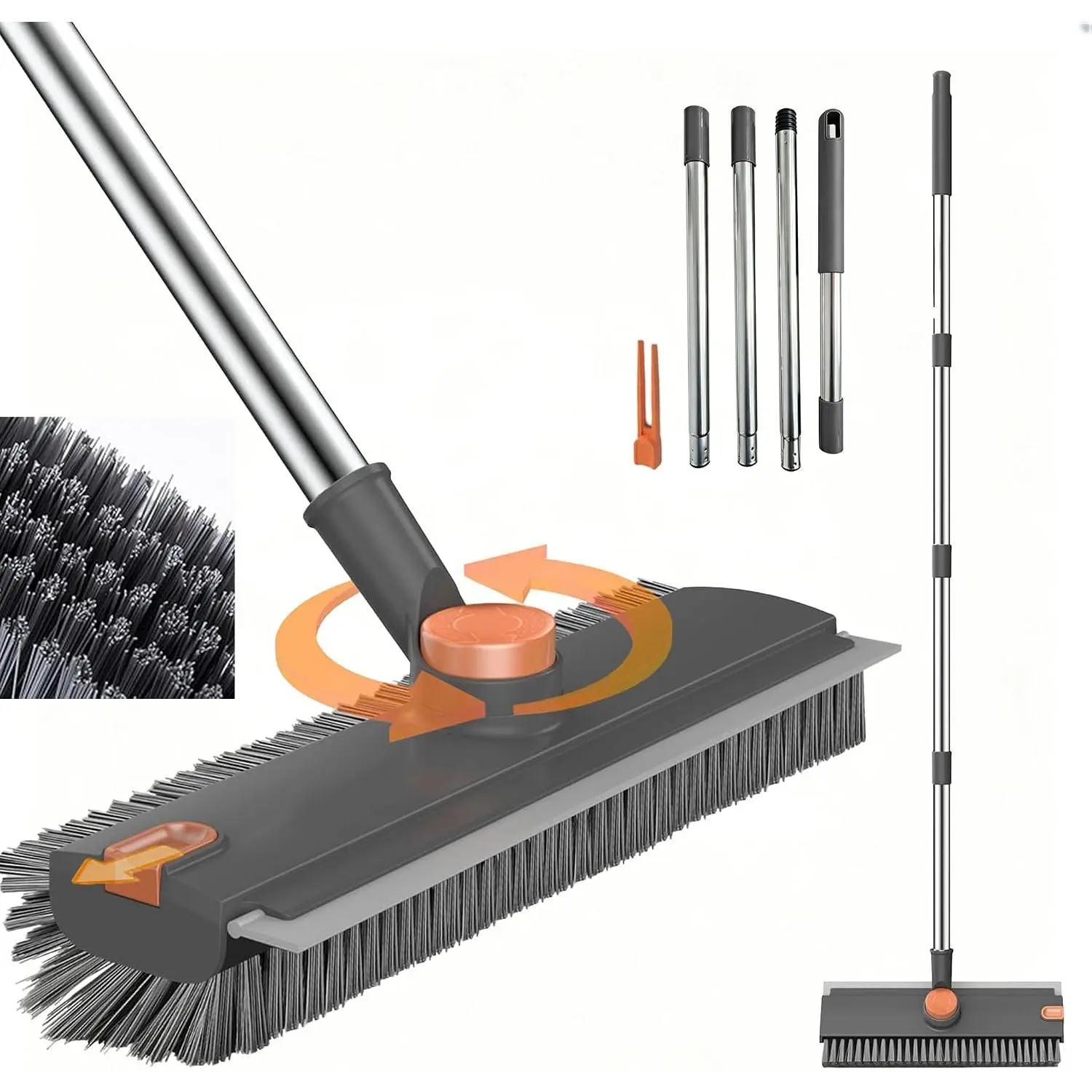 3-in-1 Heavy-Duty Floor Brush - Home Cleaning Products with Long Handle, Stiff Bristles, Rotatable Head, Scrub Squeegee for Scrubbing Bathroom, Patio Floors, Multi-Surface