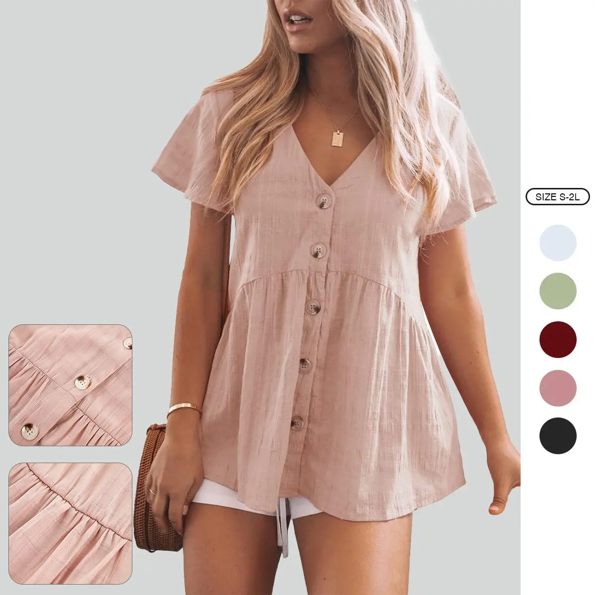 Imily Bela Womens Short Sleeve V Neck Blouse Button Down Shirt Loose Casual Ruffle Hem Babydoll Peplum Tops