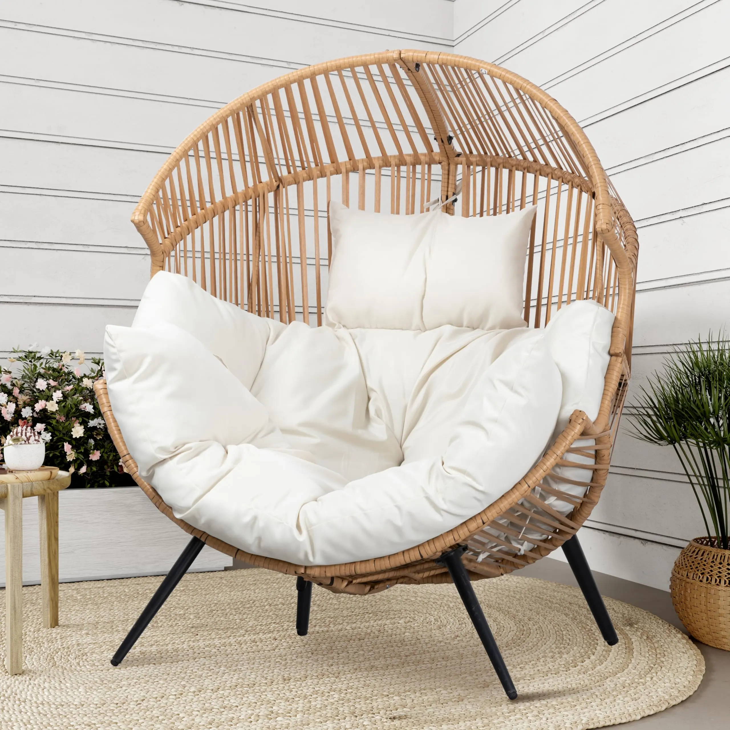 Garvee Oversized Outdoor Wicker Egg Chair Patio Rocker - Ergonomic Rattan Lounge Seat, Thick Cushion & Soft Pillow - For Garden/Backyard/Balcony - Beige/Cream Cushion