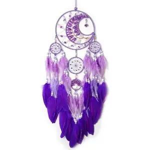 Large Dream Catchers, Handmade Woven Moon Healing Crystal Stone Dream Catcher Wall Hanging Ornament for Bedroom Living Room Wedding Party Decor, Festival Blessing Craft Gift (Purple Moon)