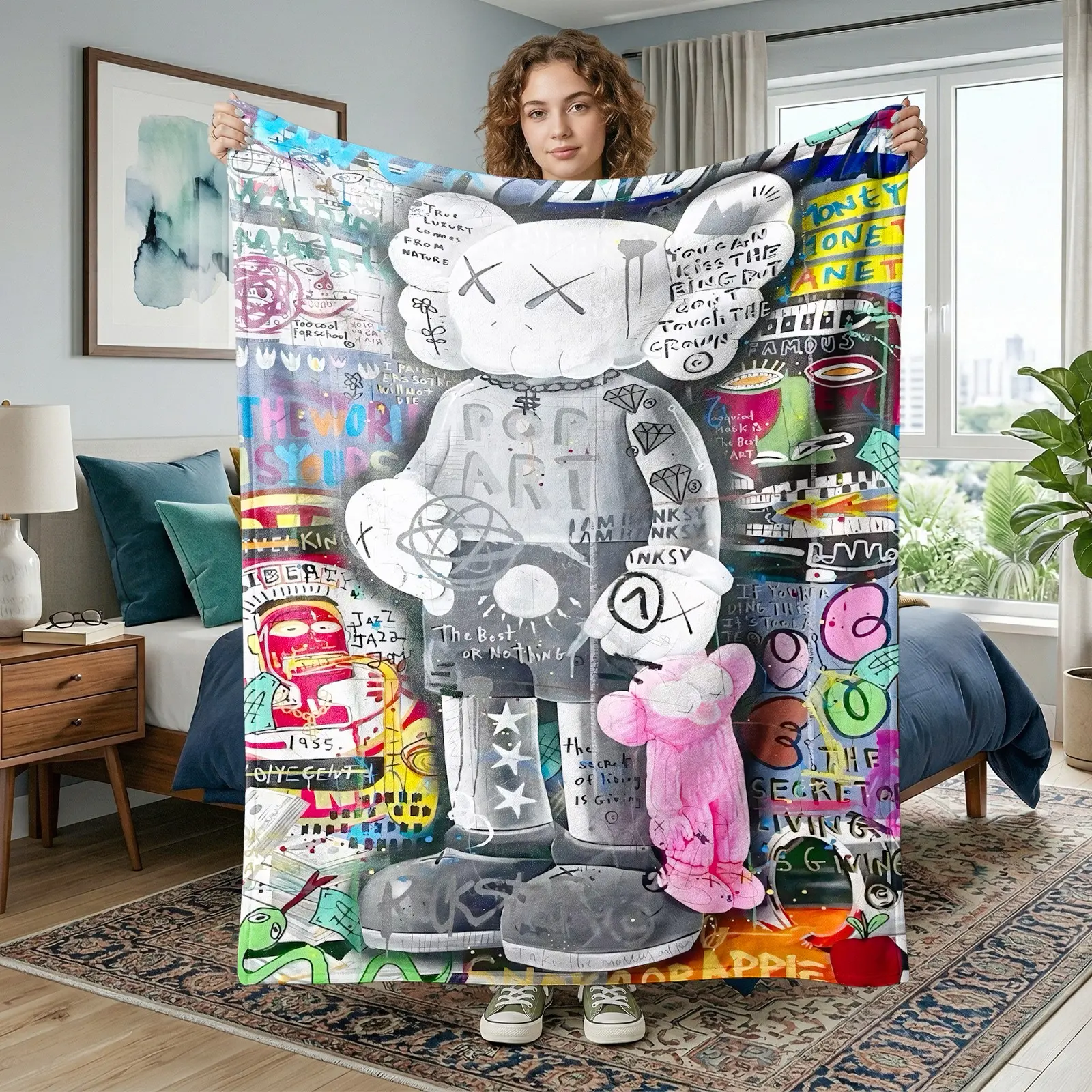 1pc KAWS Toy Graffiti Collage Fleece Blanket, Street Art XX Eyes Figure Colorful Text Graffiti Poster Print, Soft Warm Nap Throw For Sofa, Bed, Office, Camping, Perfect Christmas Gift