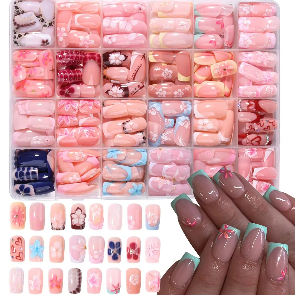 576pcs Floral Nail Stickers, Short Oval Nails, 3D Flower Design, Acrylic Material, Manicure Set, Nail Manicure Kit, Gel Adhesive & File Included