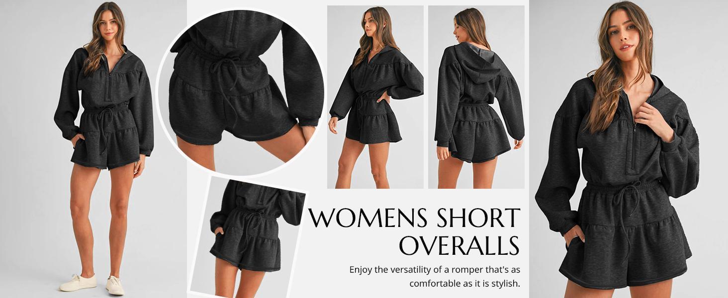 FMEYOA Womens Rompers Casual One Piece Outfits Half Zip Long Sleeve Hoodies Casual Shorts Drawstring Waist Jumpsuits FMEYOA Womens Rompers Casual One Piece Outfits Half Zip Long Sleeve Hoodies Casual Shorts Drawstring Waist Jumpsuits