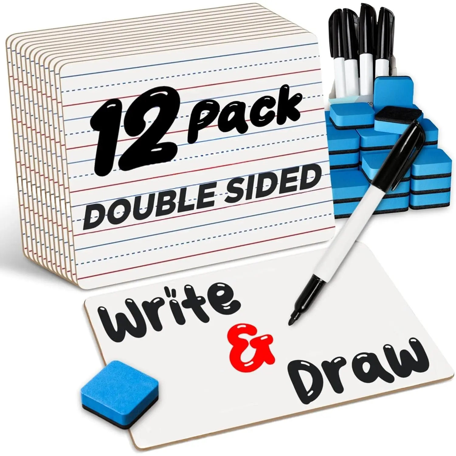 Double Sided Dry Erase Small White Board with Lines (12 Boards + 15 Pens/Erasers) - 9x12 Inch for  Lapboard, Mini Whiteboard, Students & Classroom