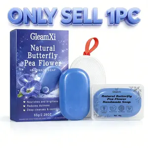 GleamXi natural butterfly pea flower handmade soap gently cleanses face and body, nourishes, helps brighten and reduce dullness, and controls oil — perfect for men, women, and sensitive skin every day.