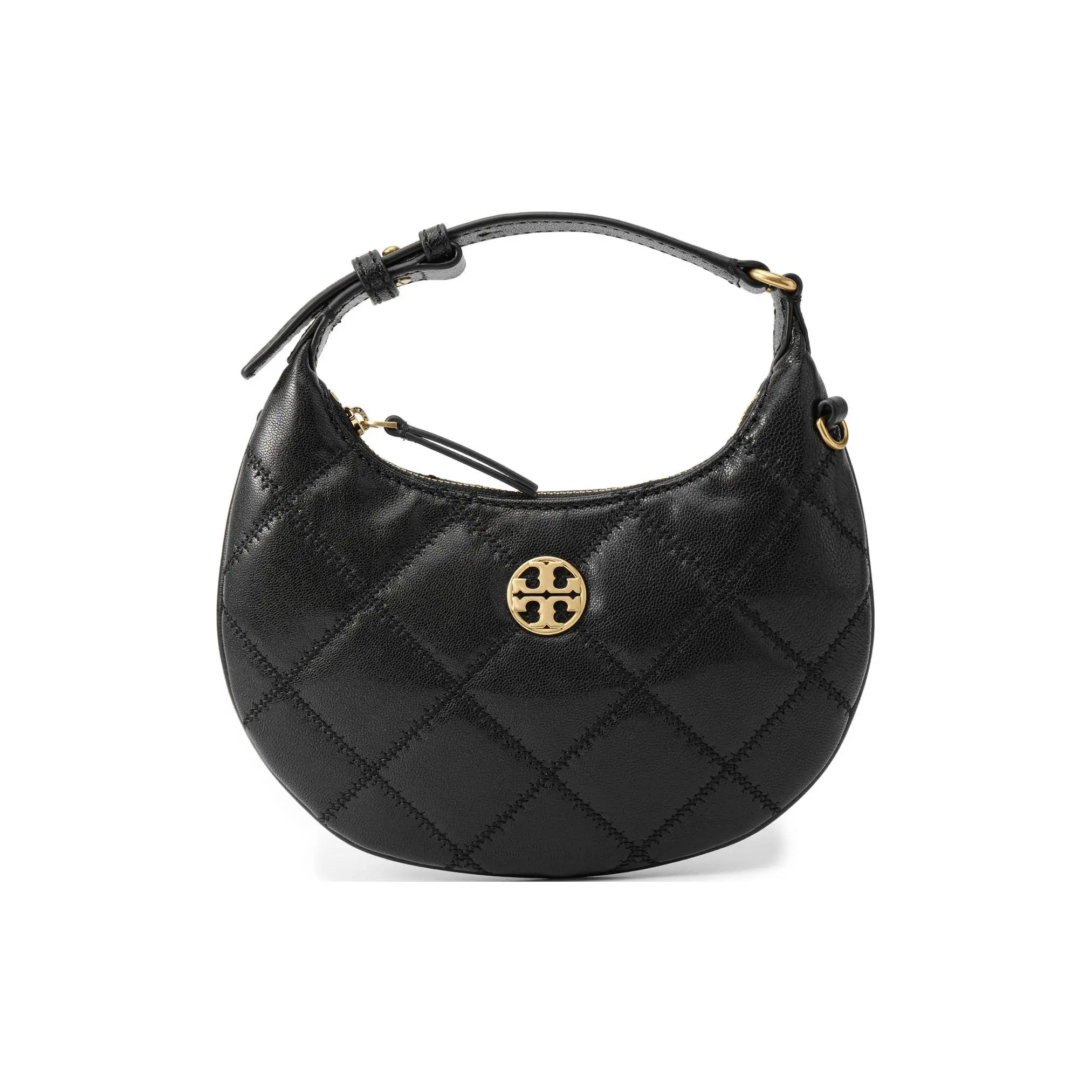 Tory Burch Willa Double-T Logo Quilted Crescent Crossbody Bag for Women, Black Genuine Leather