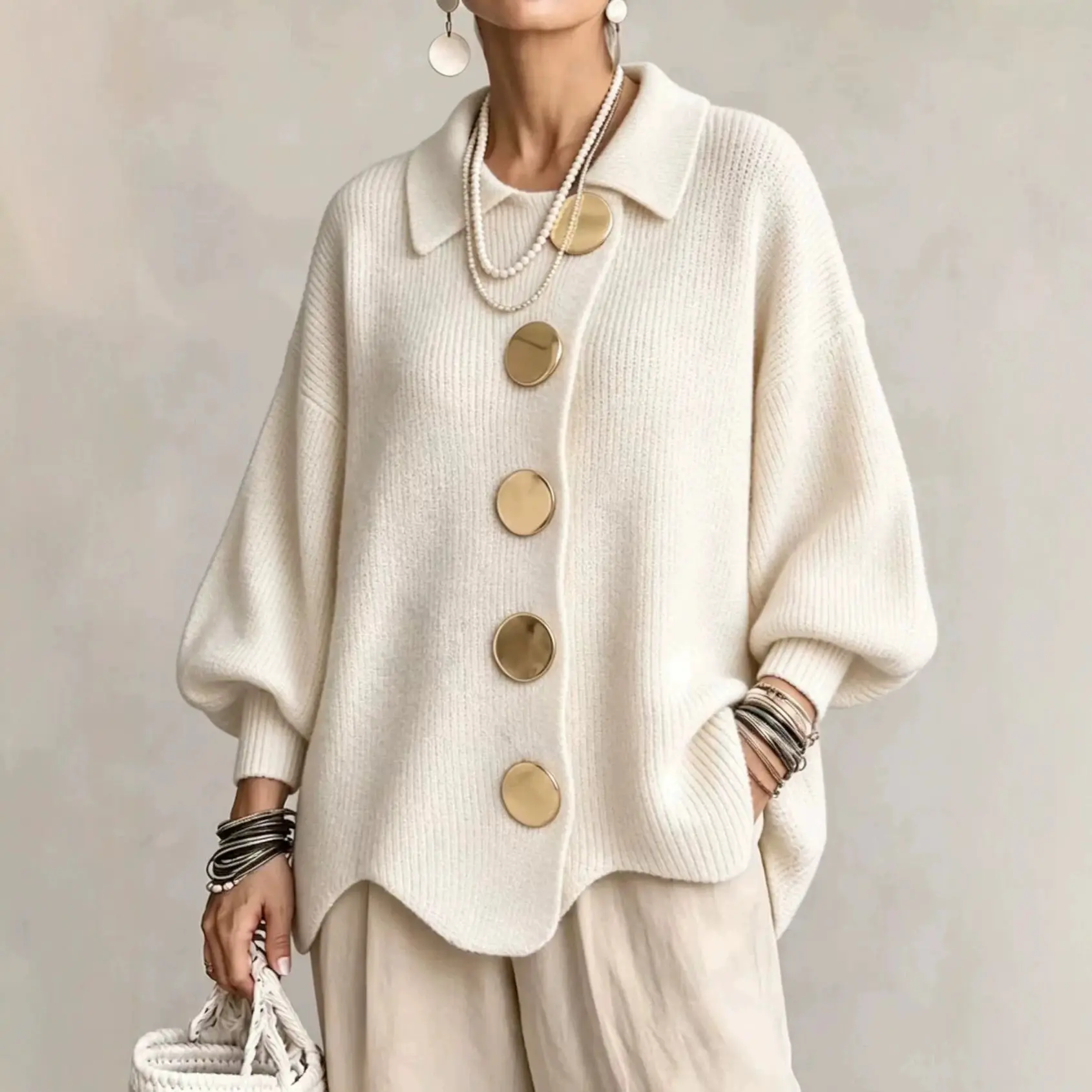Women's Lady French Lapel Oversized Knit Cardigan - Baggy Basic Solid Color Sweater Coat with Big Metal Buttons, Irregular Hem Lantern Long Sleeves for Spring Fall Knitwear