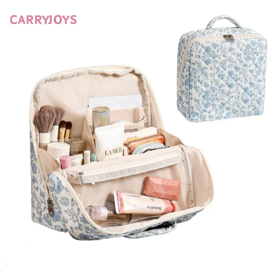 Cute standup makeup bag magnetic blue flower large capacity cosmetic bag waterproof cotton portabel skincare storage bag women students gift for her