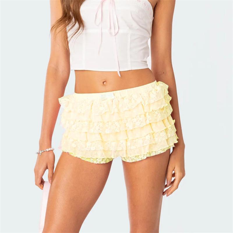Women Mesh Lace Bloomer Shorts Y2k Layered Ruffle Frilly Booty Shorts Fairy Bowknot Boy Shorts Panties Party Clubwear