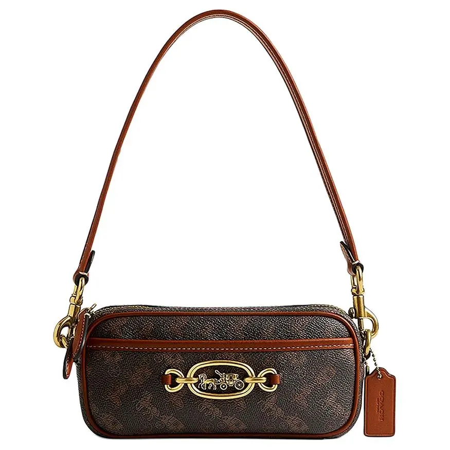 COACH Avery 20 Tote Bag for Women – Carriage Print Metal Logo Zip Closure, Canvas and Leather, Truffle Polished Amber