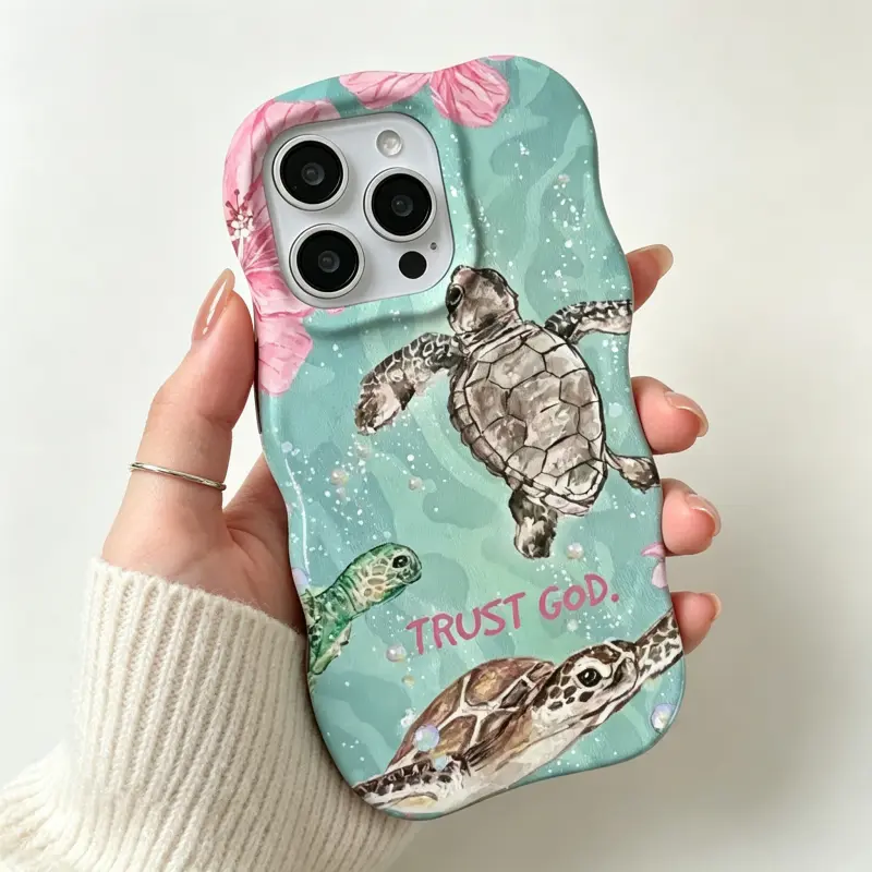 Sea Turtles & Trust God Text Pattern Multi-Model Protection Case for iPhone 17 Pro Max,16-11 Series - Curved Edge 2-in-1 Cute Gift Idea Accessory, Luxury Crystal Texture Glossy Durable Cover, Dual Layer Soft Silicone Inner + Hard Plastic Outer Shell