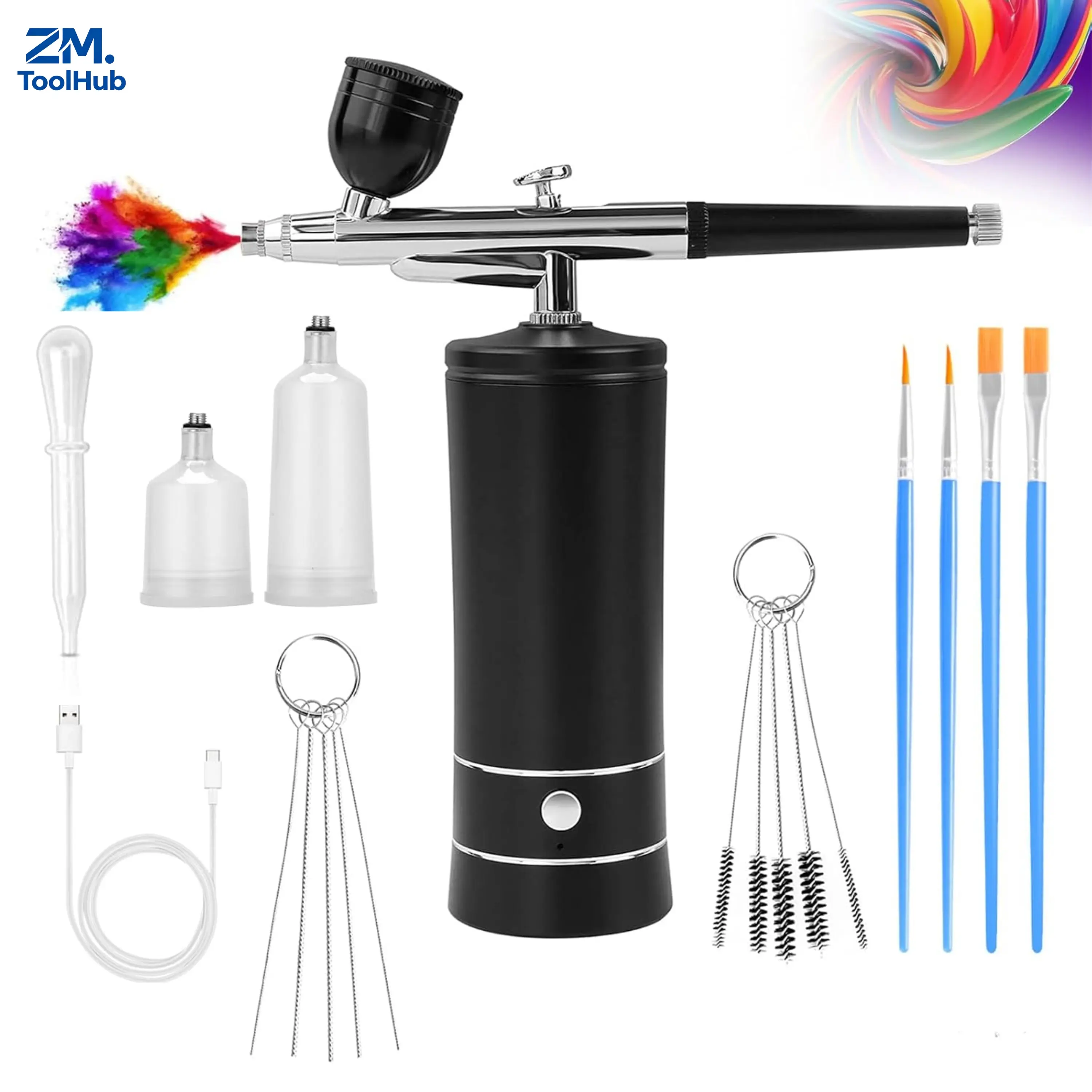 Wireless Airbrush Kit with Air Compressor & Nail Charms, Air Brush for Barber, Nail Art, Makeup, Model Painting (Black)