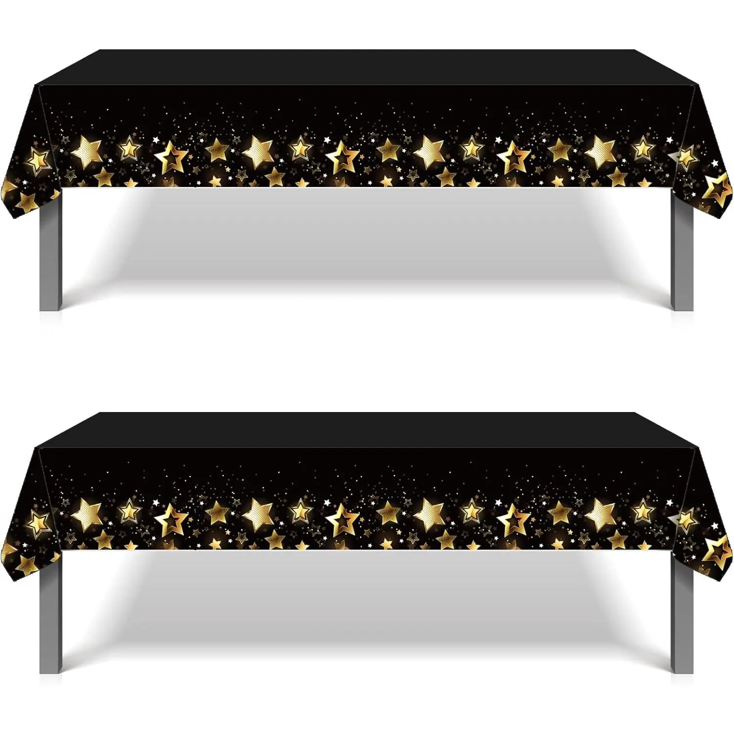 2Pack Black and Gold Tablecloth for Rectangle Tables, Disposable Star Table Covers for Birthday, Wedding, Anniversary, Picnics, Graduation, 51" x 86"