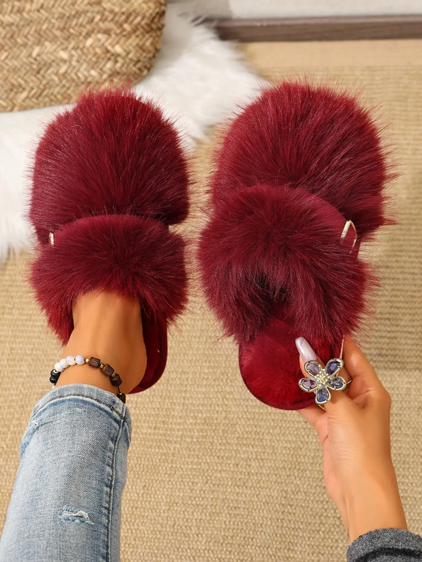 Women's Velvet Cotton Slippers, Warm Plush One-Strap Sandals, Metal Square Buckle, Casual Home & Outdoor Wear, Soft Sole, Fall Winter