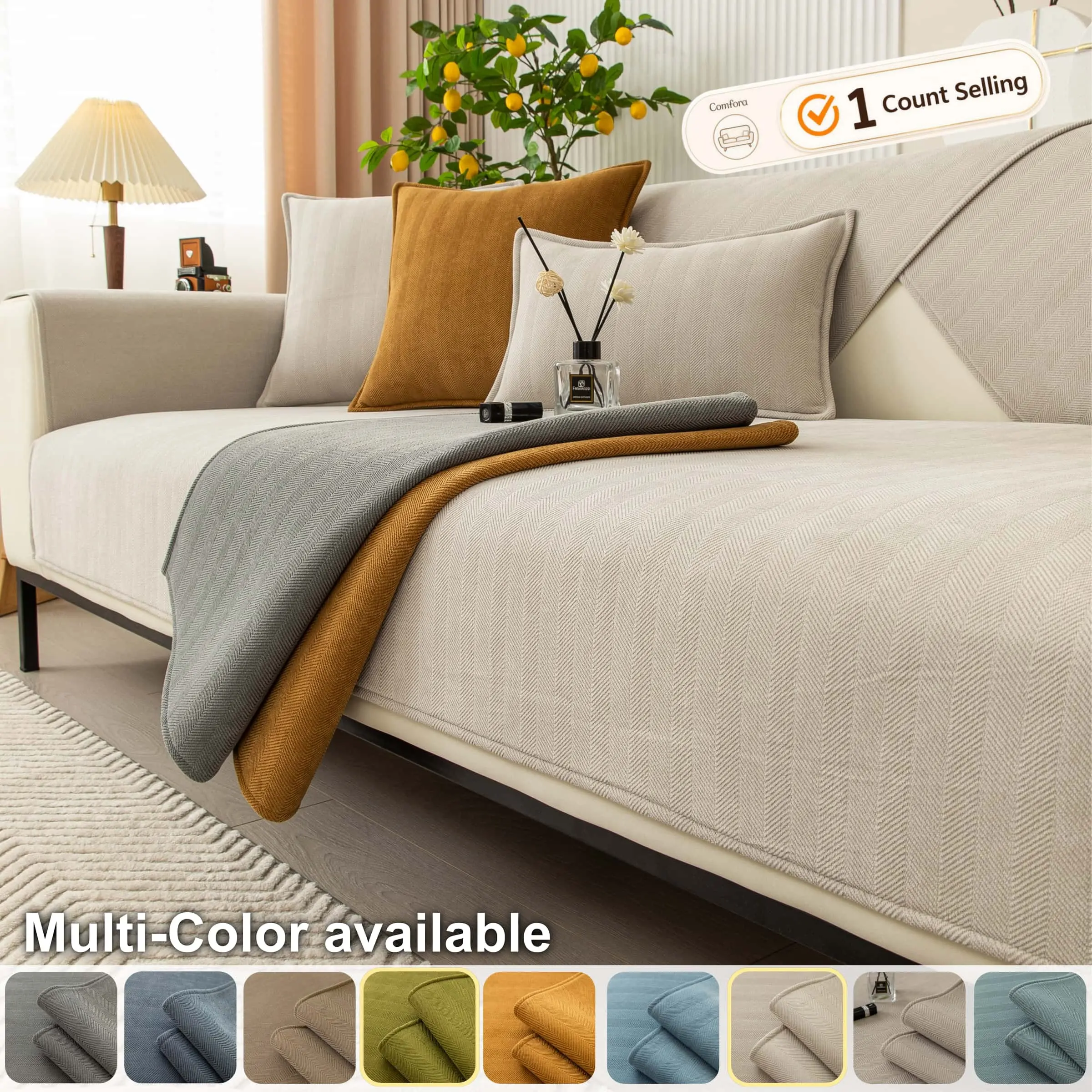 Luxury Modern Couch Cover, Washable Couch Covers, Sofa Slipcover, 1 Piece Soft Herringbone Textured Sofa Seat Pad, Non-Slip Washable Sofa Protector Mat, Pet-Friendly Furniture Cover for Sectional, Loveseat, Armchair & 1-4 Seater Couch, Multi-Color.