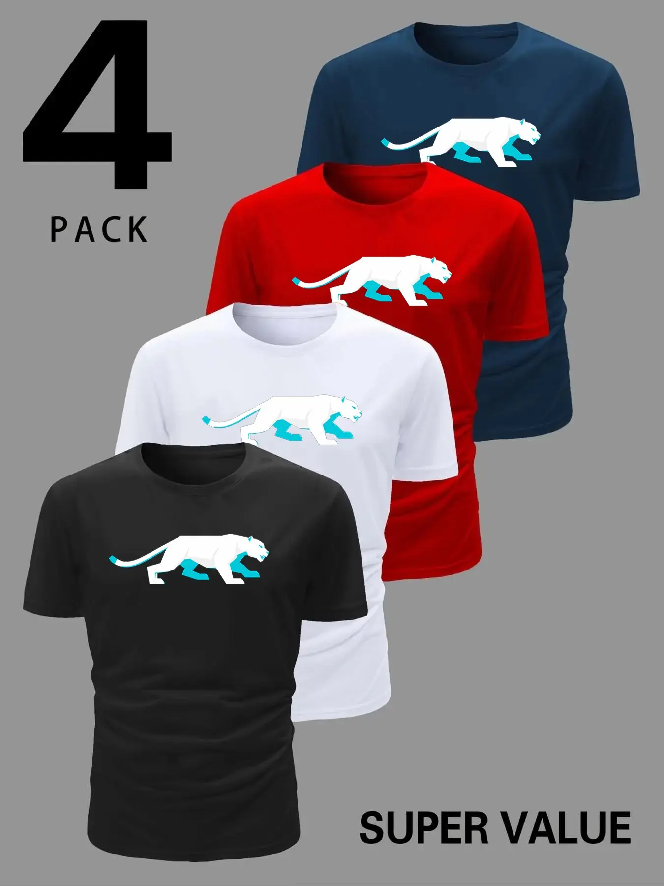 Mint Accent Panther Silhouette 4-Pack Athletic Crew Tee, Casual Long Fitted Top, Geometric Print, Outdoor & Commute Wear
