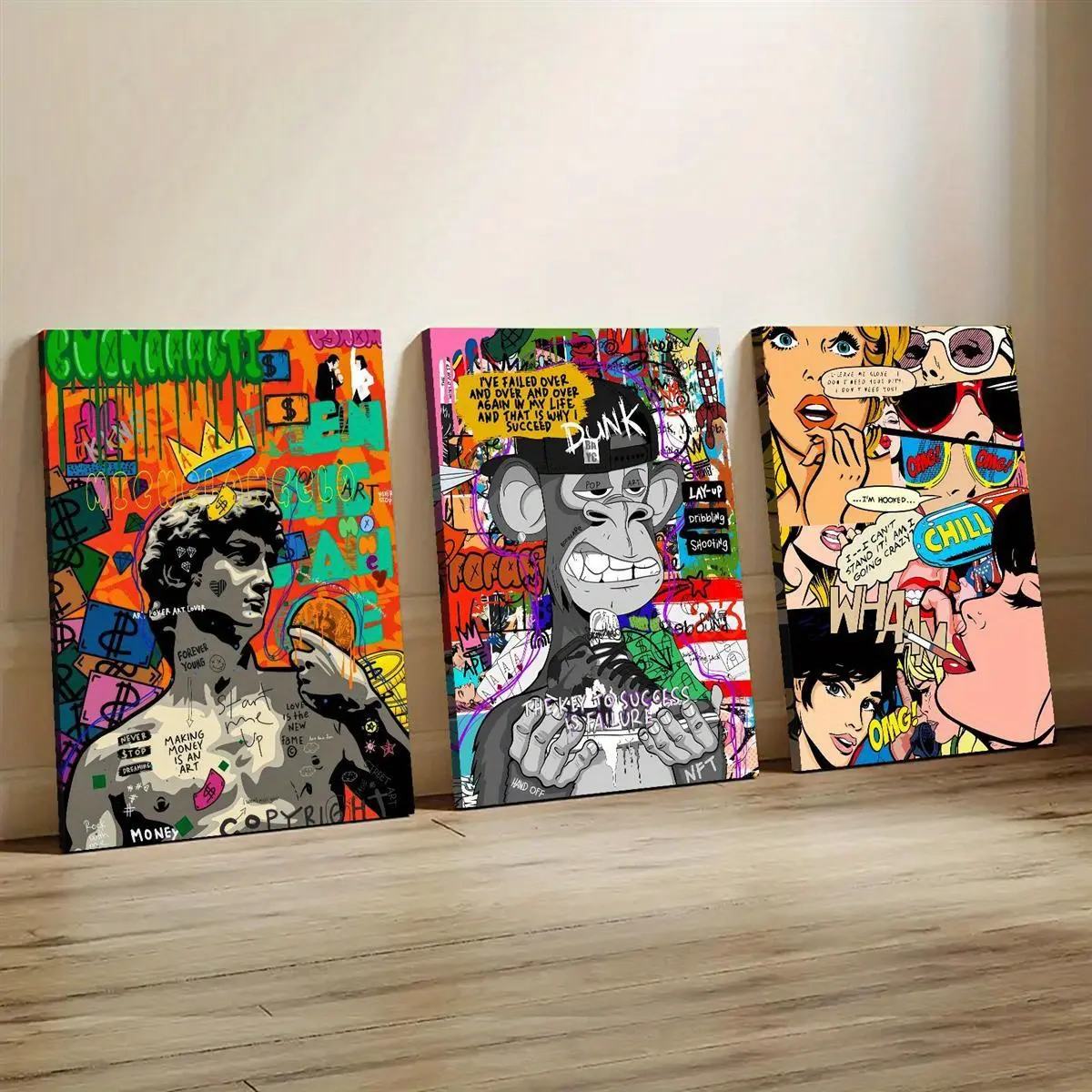 2d Flat Paintings 3pcs Framed Canvas Wall Art Set of 3, Canvas Wood Frame Prints for Bedroom - Engraving & Spray Paint Effect, Comic Style Modern Design Decor for Office, Living Room, Cafe, Bar, Home, and Dorm 12 X 16 Inch/ 30 X 40cm, 2D Flat