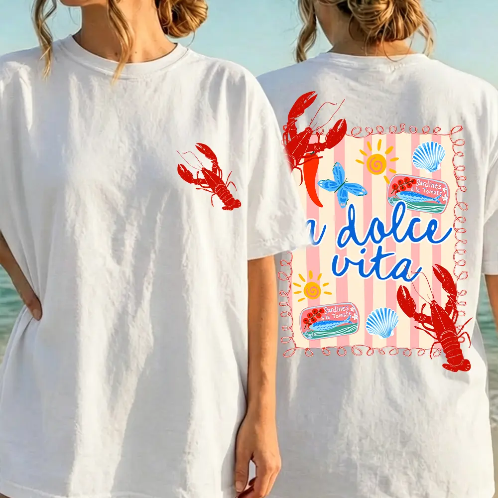 Women's Oversized Graphic T-Shirt, Retro Lobster La Dolce Vita Back Print, Casual Breathable Cotton Tee for Summer Beach Vacation, Light, Baggy, Everyday, Fabric