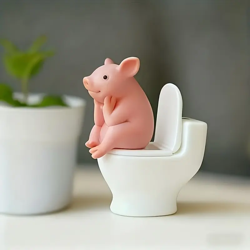 Cute Piggy Sitting on Toilet PVC Bathroom Decor, Decorative Figurine, Desktop or Wall Mount, Home Office Desk and Living Room Display, Home and Bath Decoration, Decor Figurine