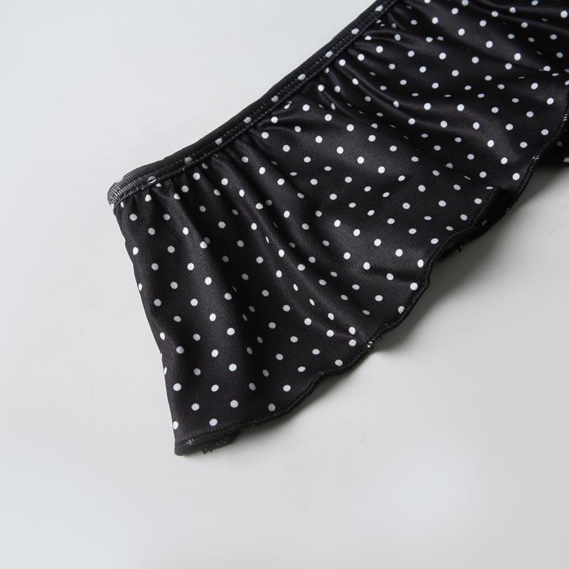 Black White Polka Dot Halter thong Bikini Set | Ruffle Skirted Bottom | Tie Front Swimsuit