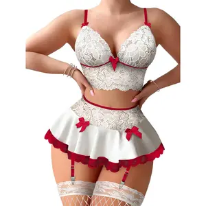 Goddess wardrobe Sexy Stocking Mini Skirt Wireless Mesh Lace Garter Lingerie with Thong Set 4 Pieces