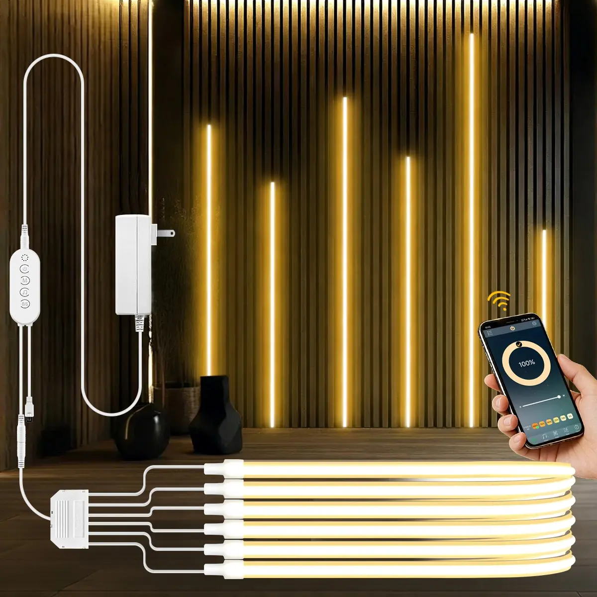 Smart Bluetooth-compatible APP Control Warm White COB LED Neon Light, Led Neon Strip, Adjustable Brightness, 24v RF Remote, Ideal for Cabinet Grille Wood Wall Backlight Decoration