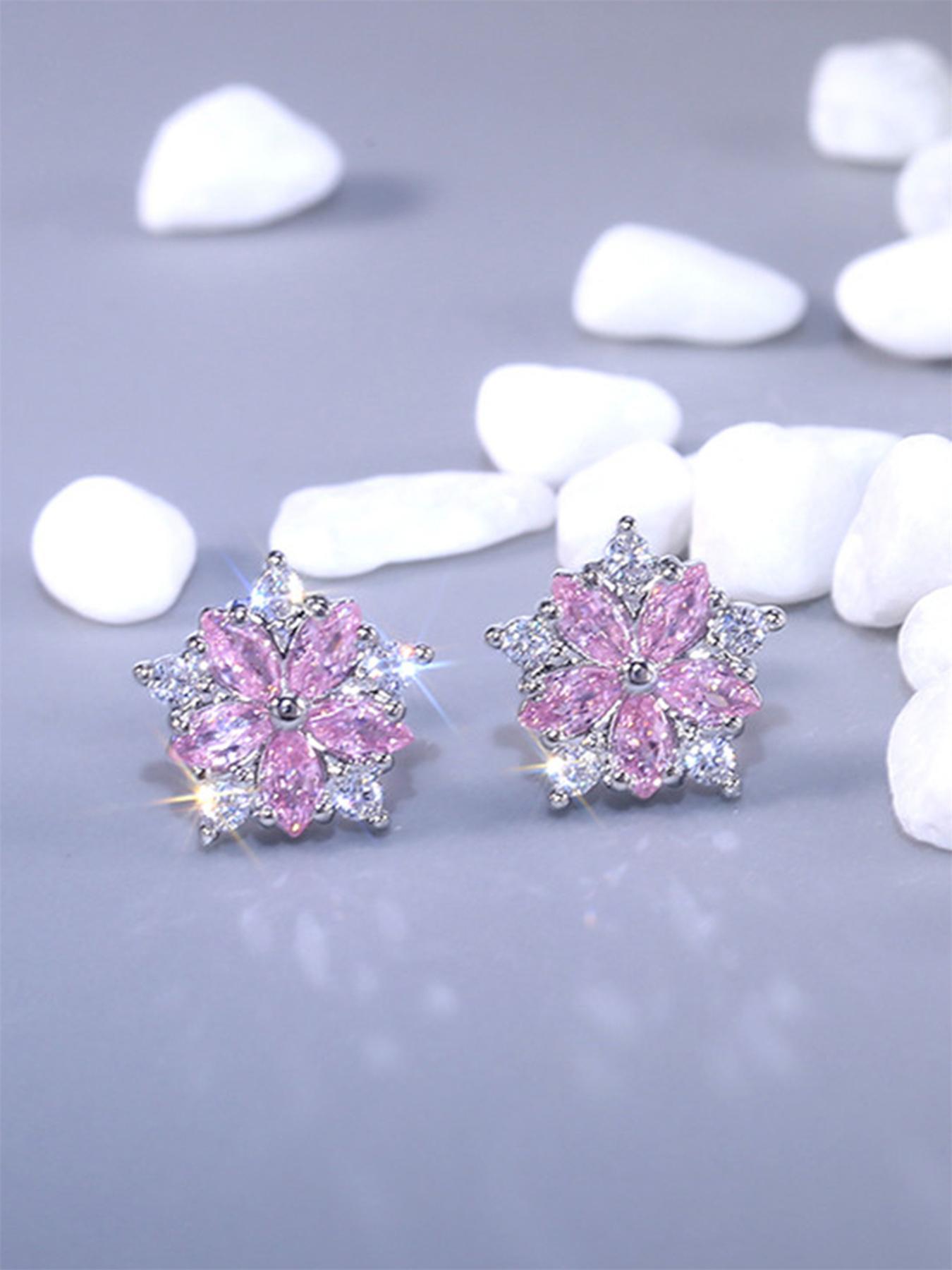 1 Pair Flower Shaped Design Rhinestone Stud Earrings for Women, Anniversary Birthday Gift, Zirconia Earrings for Daily Use, Wedding, Dazzling Rhinestones, Floral Accents, Statement Earrings, Rhinestone Decorated Bling
