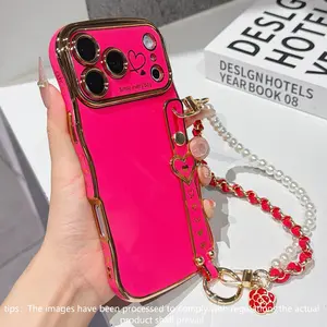 Luxury Electroplated Wave Pattern Dual Heart Large Window Wrist Strap Full Cover Anti-Scratch Anti-Drop Phone Case for iPhone 17pro Max 16pro 15 14 13 12
